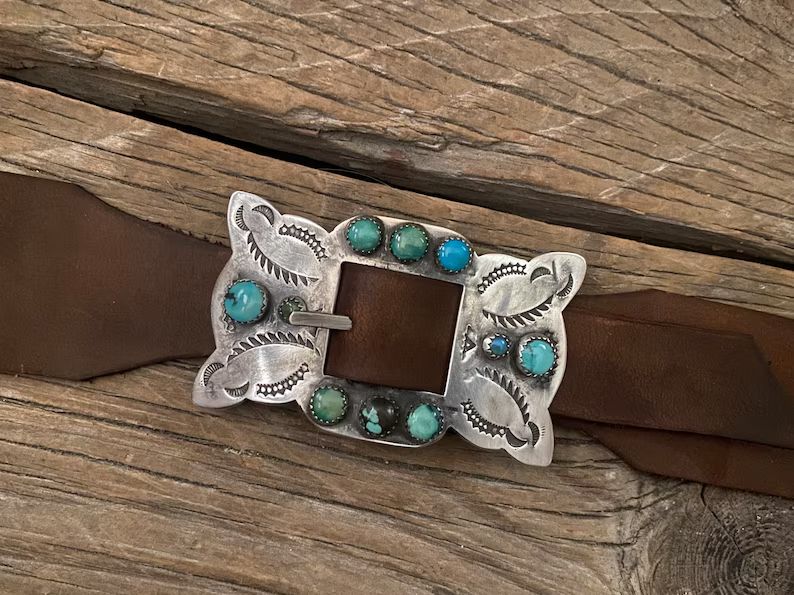 Hand Stamped Belt Buckle Handmade for RRL 1980's Old Turquoise Stones Sterling Silver - Etsy | Etsy (US)