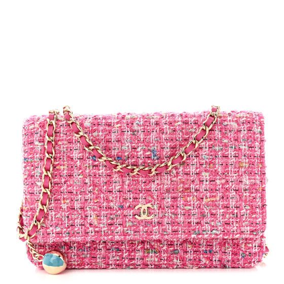 Tweed Quilted Wallet On Chain WOC Pink Blue White | FASHIONPHILE (US)