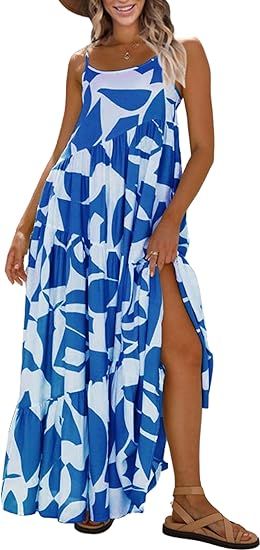 ECOWISH Women Sleeveless Maxi Dress: Summer Spaghetti Strap Casual Loose Boho Beach Dress Asymmet... | Amazon (US)