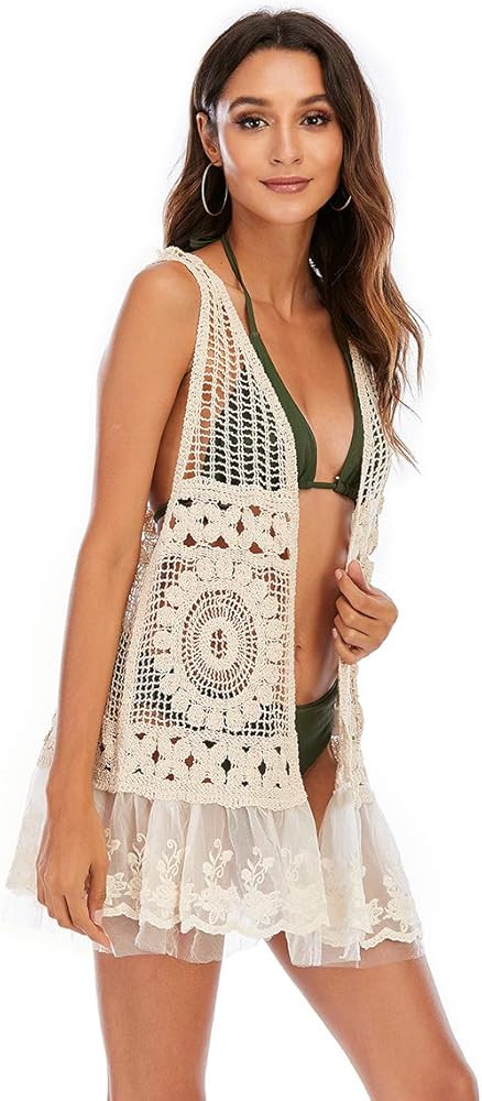 CGYY Women's Floral Crochet Beach Swimwear Cover Up with Lace Embroidery Hem | Amazon (US)