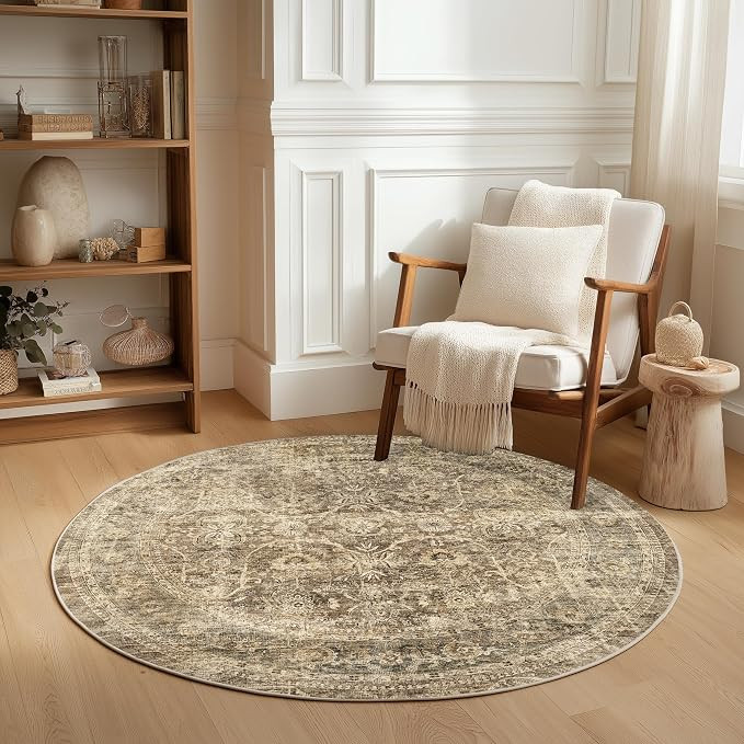 FMFUNCTEX 5ft Round Washable Brown Neutral Vintage Area Rug for Living Room | Distressed Retro Pa... | Amazon (US)
