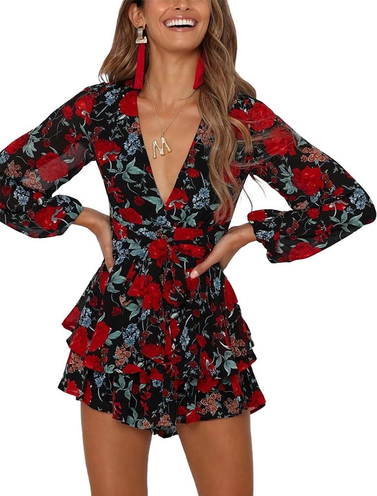 AIMCOO Women's Floral Print Deep V-Neck Romper Double Layer Ruffle Hem Jumpsuits Long Baggy Sleeves  | Amazon (US)