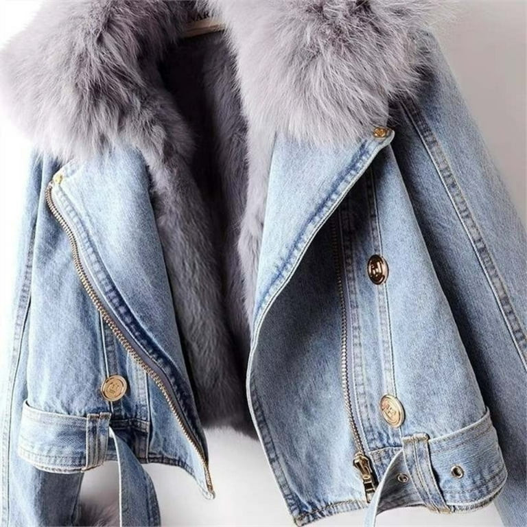 Women's Long-Sleeve Short Winter Blue Denim Jacket - Removable Faux Fur Collar & Cuffs, Zipper, W... | Walmart (US)