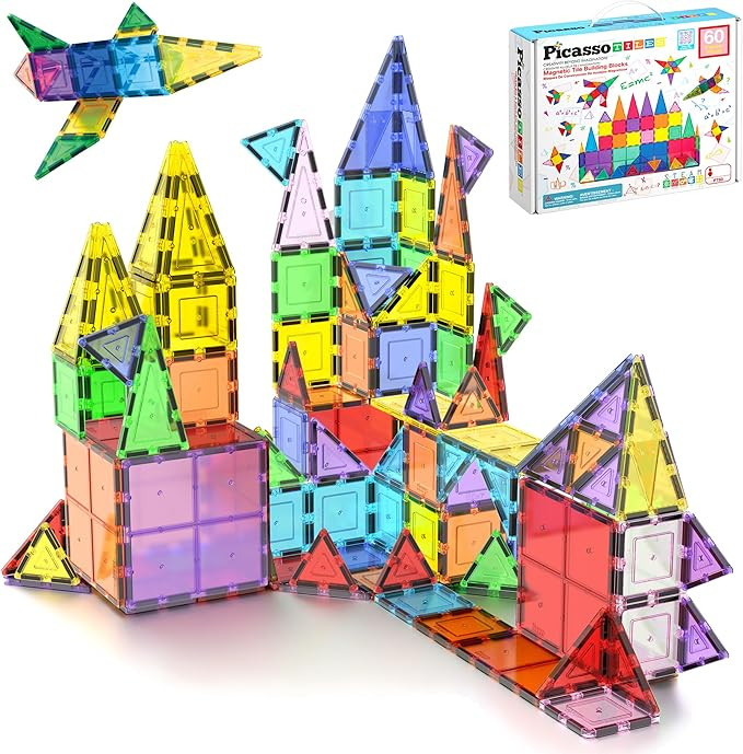 PicassoTiles 60 Piece Set 60pcs Magnet Building Tiles Clear Magnetic 3D Blocks Construction Playb... | Amazon (US)