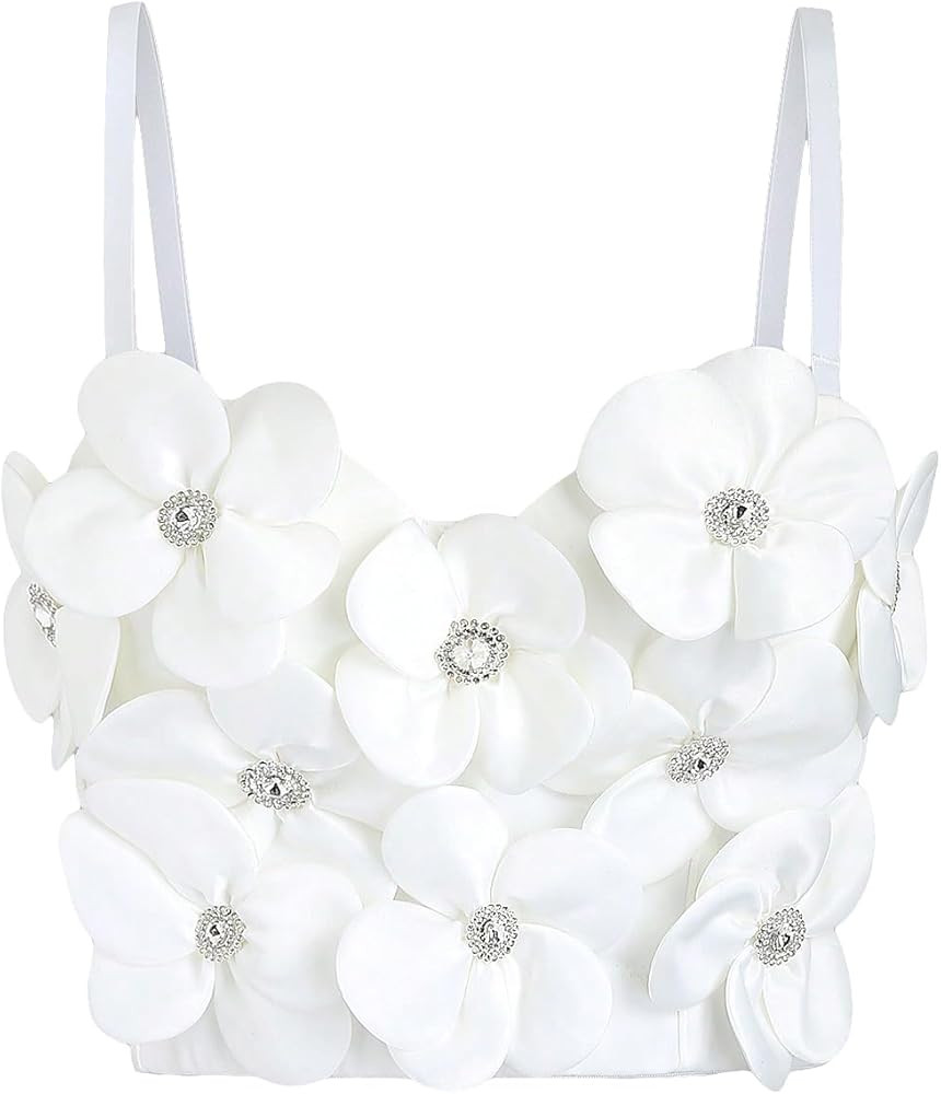 Women's Floral Patched Rhinestone Detail Spaghetti Strap Cami Top Sleeveless Slim Fit Crop Tank T... | Amazon (US)