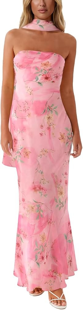 Women Floral Tube Maxi Dress with Scarf Summer Strapless Tube Bodycon Mesh Layer Cocktail Party W... | Amazon (US)