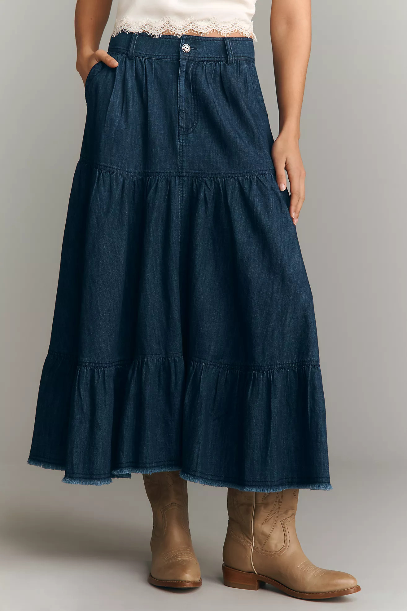 Pilcro Cotton Denim Tiered Midi Skirt | Anthropologie (US)