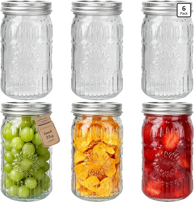 CycleMore 6 Pack 32oz Glass Mason Jars with Silver Two-Piece Lids - Wide Mouth Jars, 1 Quart Cann... | Amazon (US)