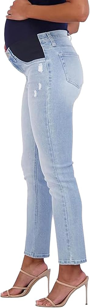 Savi Parker Women's Maternity Jeans Under The Belly – Comfy Stretch Straight Leg Distressed Mat... | Amazon (US)