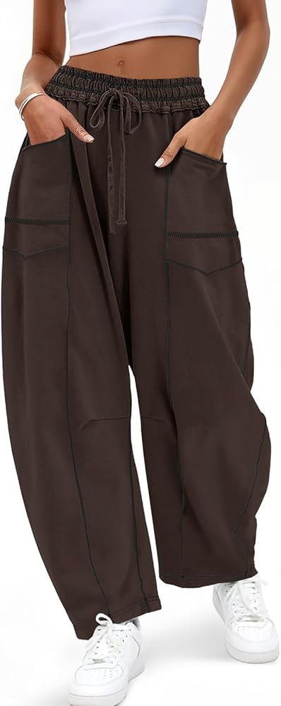 Aoysky Womens Baggy Barrel Wide Leg Pants Casual Drawstring Elastic Waist Contrast Stitch Workout... | Amazon (US)
