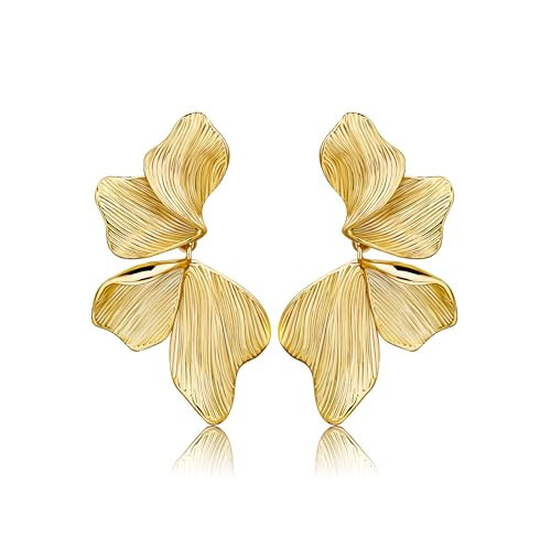 Gold Statement Earrings For Women 18K Gold Plated Sectored Flower Leaf Shell Angel Wing Earrings Large Stud Earrings Hypoallergenic Stud (Flower Leaf Earrings) | Amazon (US)