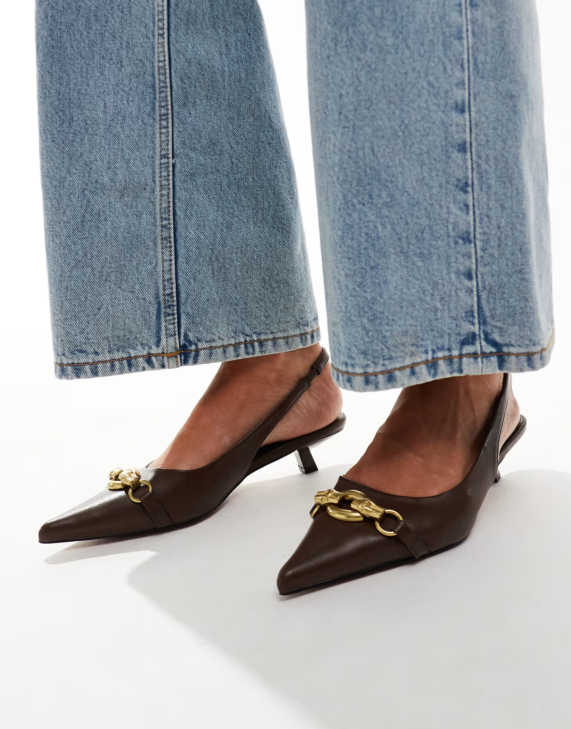 ASOS DESIGN Shade chain detail slingback kitten heeled shoes in brown | ASOS (Global)