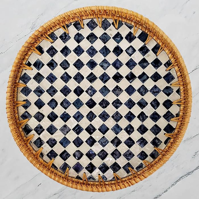 Laquedecraft 11.8" Caro Wicker Round Rattan Mother of Pearl Serving Basket Tray for Décor Coffee... | Amazon (US)