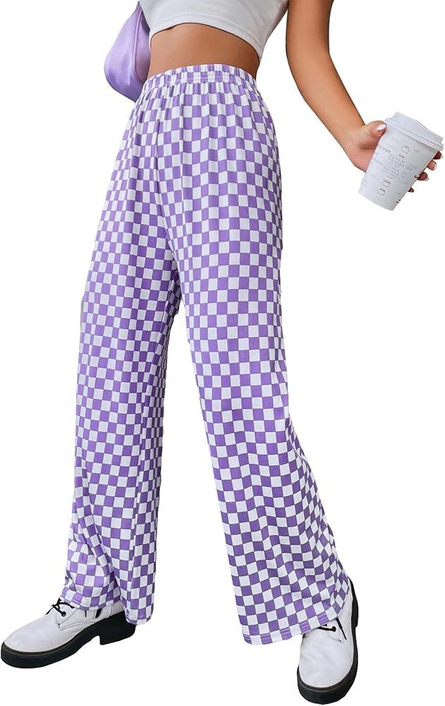 SOLY HUX Women's Plaid Sweatpants Drawstring High Waisted Straight Leg Long Pants with Pockets | Amazon (US)