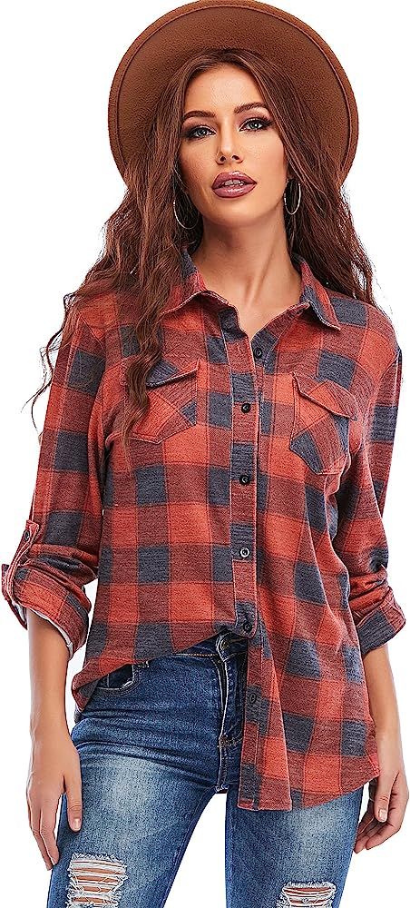 Oyamiki Womens Casual Cuffed Long Sleeve Boyfriend Button Down Plaid Flannel Shirt Tops | Amazon (US)