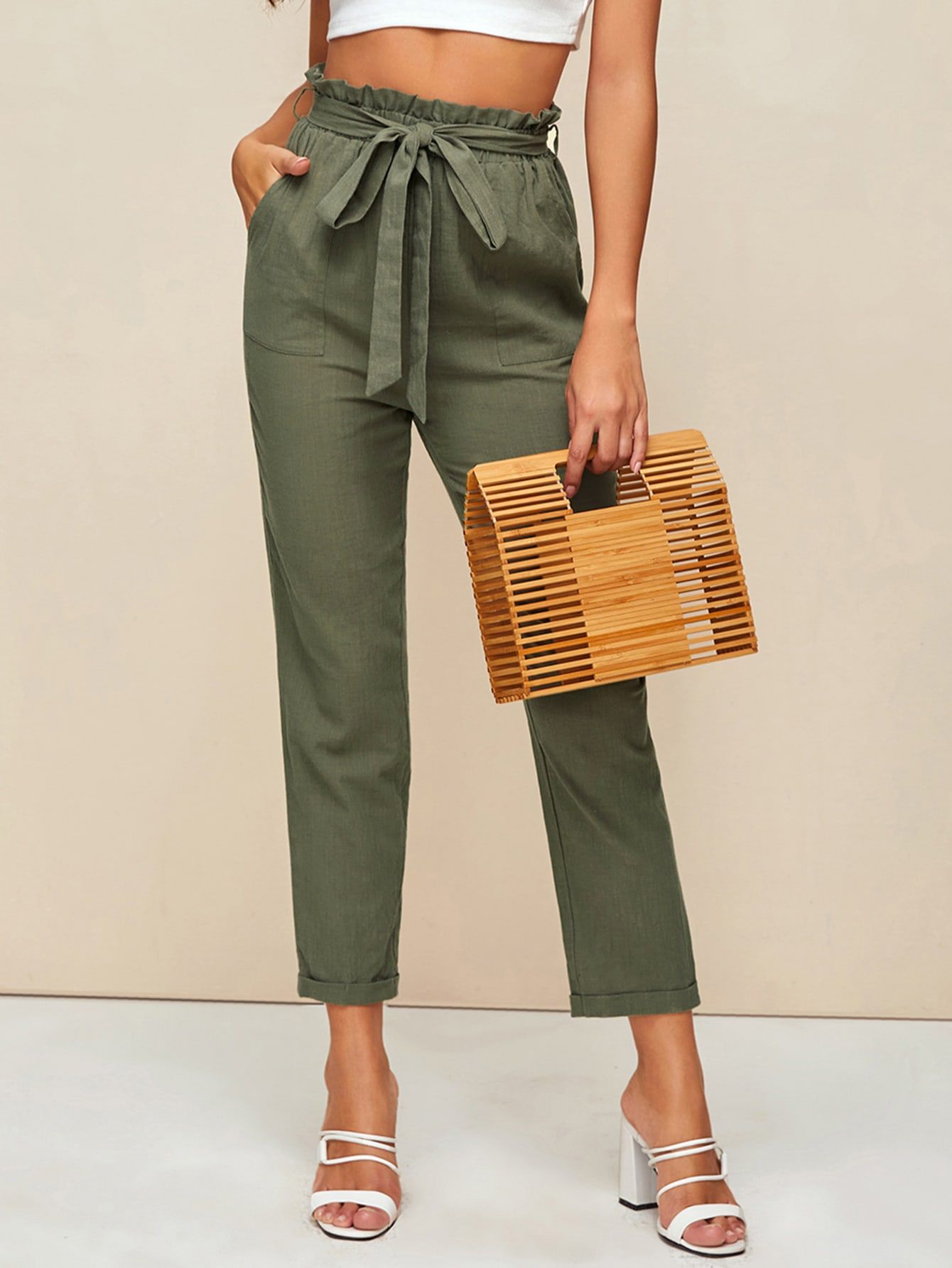 SHEIN Paperbag Waist Belted Cuffed Pants | SHEIN