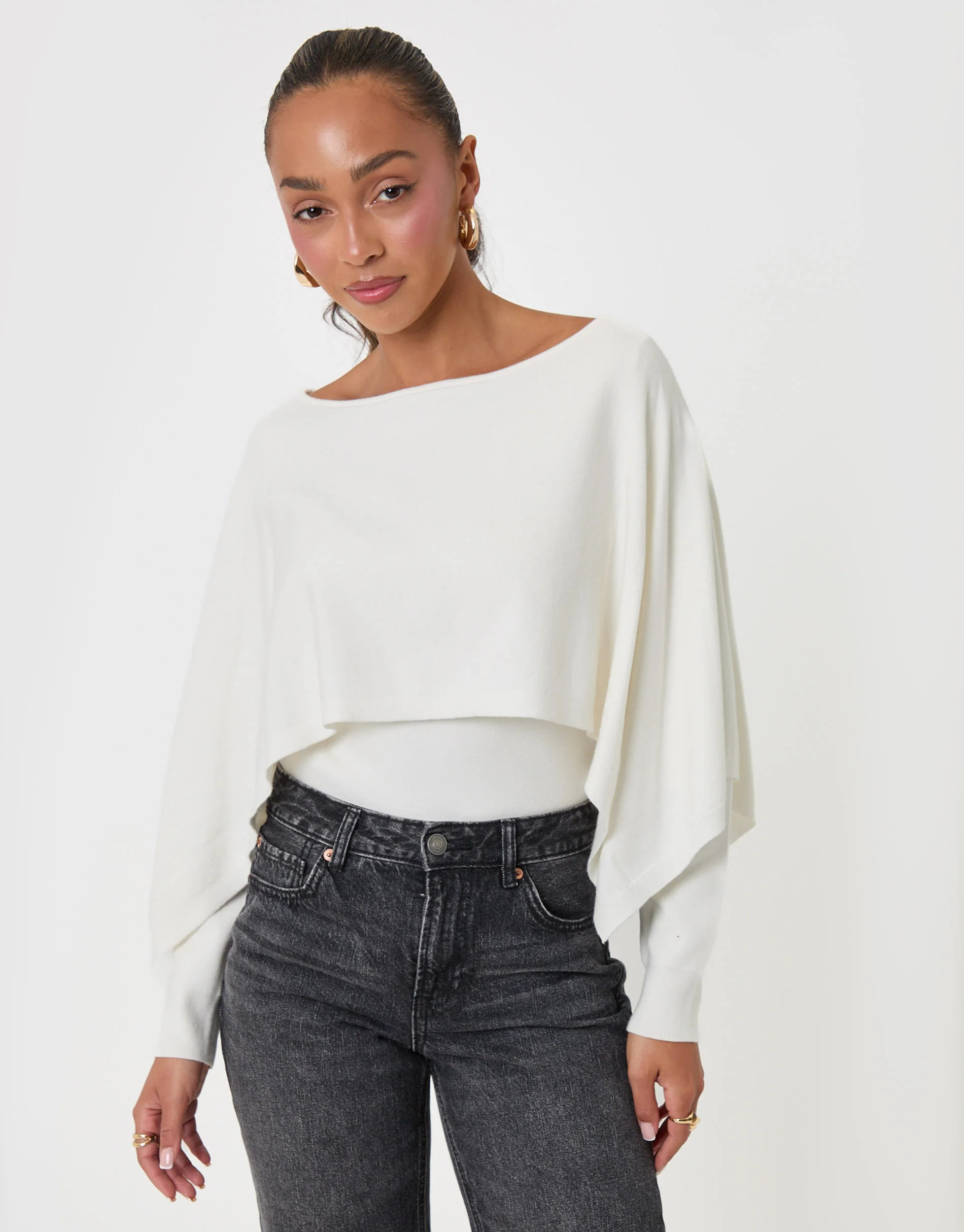 Long Sleeve Cape Top in Ecru | Threadbare UK