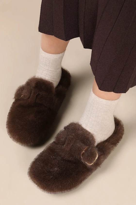 Bohan Brown Faux Fur Buckle Mule Slides | Lulus