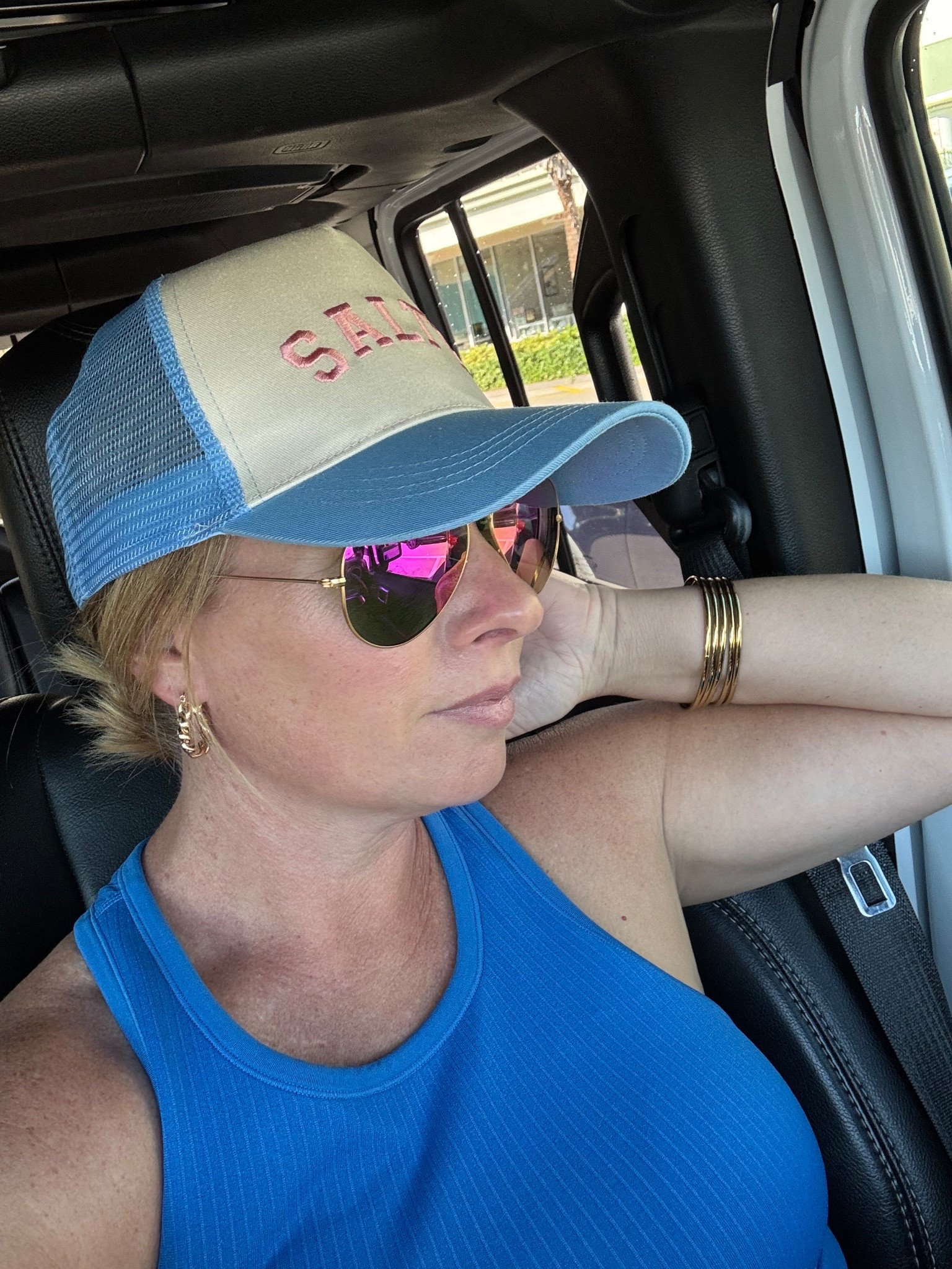 Running errands and keeping the sun off my face. Comfy workout top with pop of pink sunglasses. This top has a built in bra and I love it! Perfect for moms on the go. 

#LTKStyleTip #LTKOver40 #LTKActive