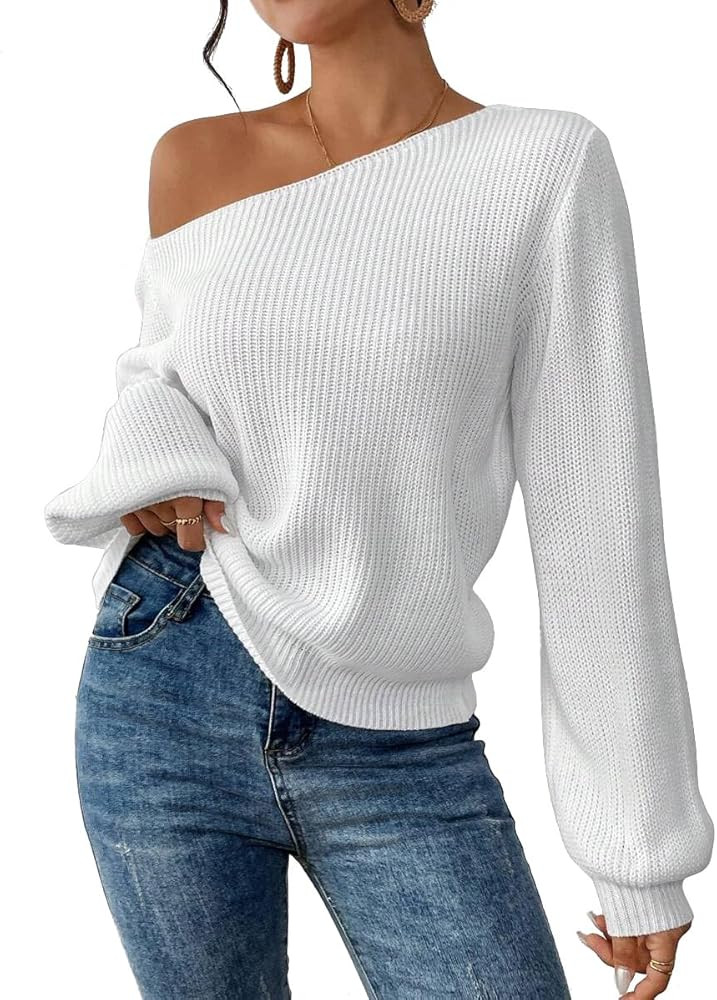SKAYS Womens Off The Shoulder Sweater Asymmetrical Neck Fall Ribbed Knit Long Sleeve Pullover Swe... | Amazon (US)