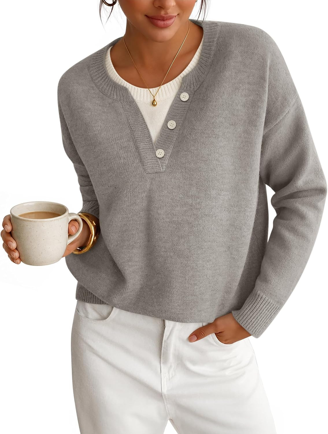 ZESICA Women's Fall Winter Henley Neck Oversized Sweater Tops | Amazon (US)