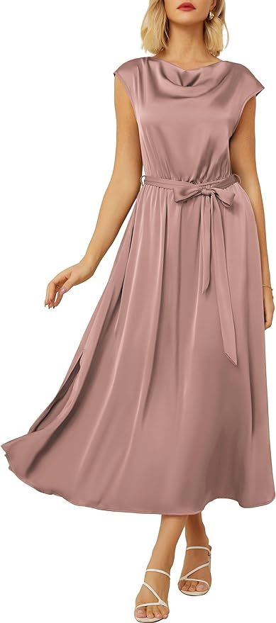GRACE KARIN Women's 2024 Satin Midi Dress Summer Cap Sleeve Cowl Neck Belted Slit Elegant A-Line ... | Amazon (US)