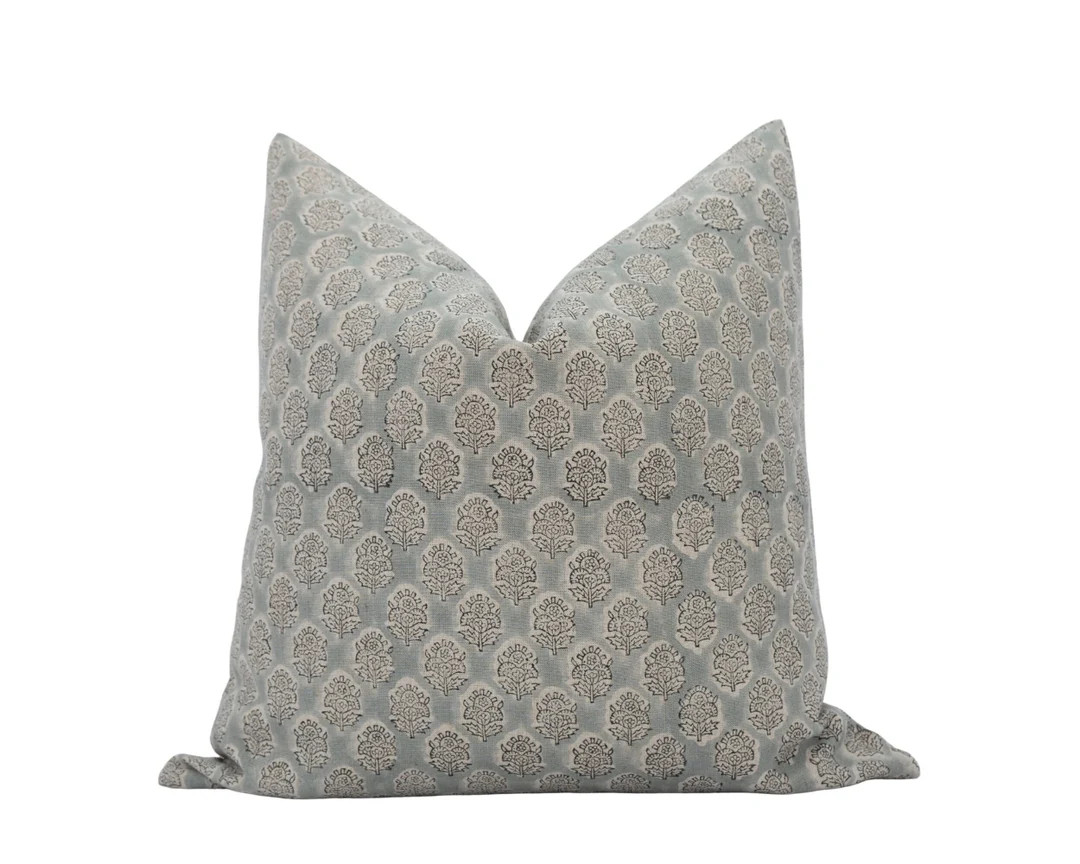 RIVER || Muted Blue Floral Pillow Cover Blue Block Print Pillow Designer Linen Pillow Bluish-Grey... | Etsy (US)