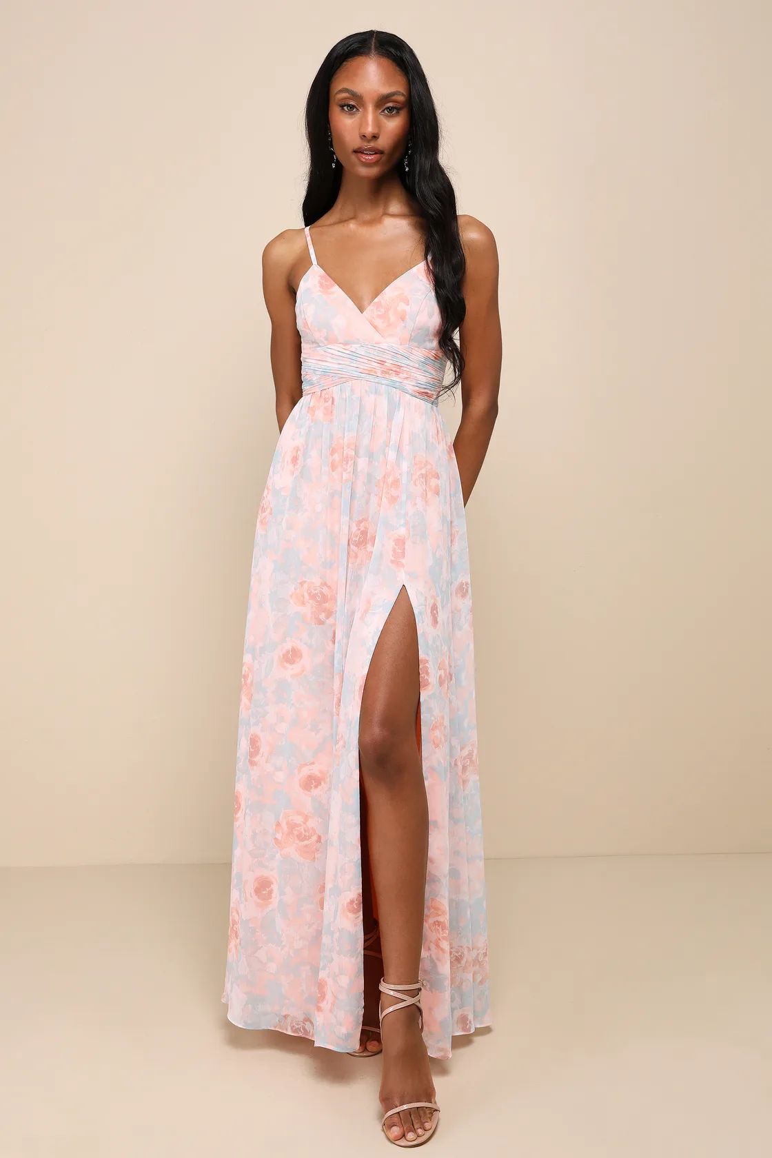 Exceptional Sweetness Peach Floral Chiffon Pleated Maxi Dress | Lulus