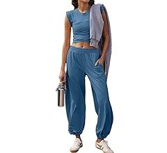 Glamaker Women's Two Piece Athletic Sets Casual Workout Sleeveless Cropped Tops High Sweatpants J... | Amazon (US)