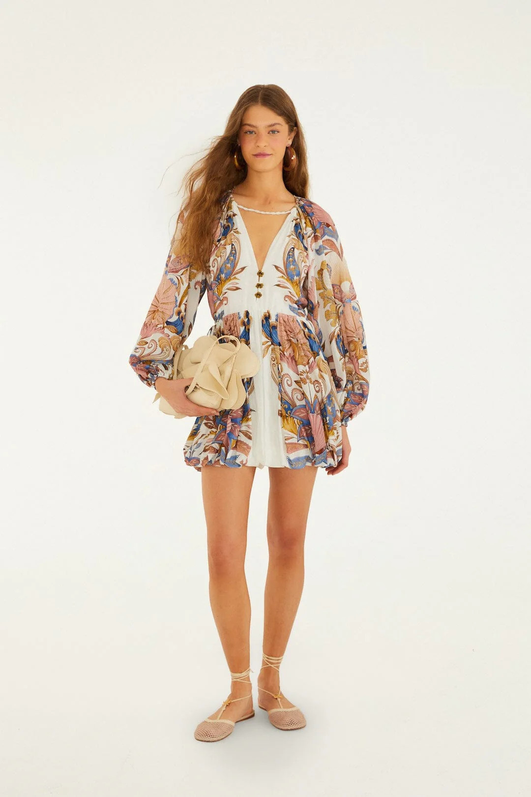 Off-White Sea Garden Puff Sleeve Mini Bubble Dress, SEA GARDEN OFF-WHITE / XS | FarmRio (US)