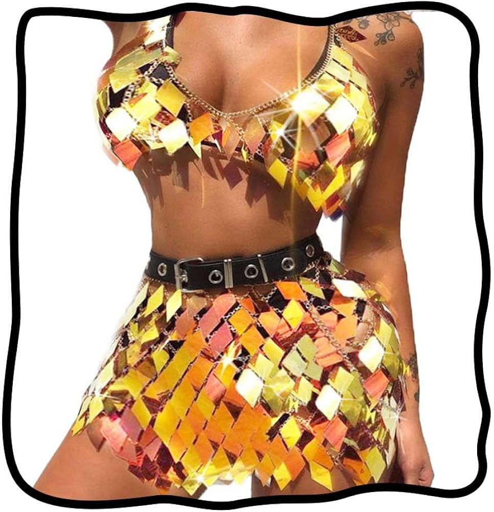 Nicute Sequin Set Women 2 Piece Outfit Body Chain Skirt with Top Rave Outfits for Wome | Amazon (US)