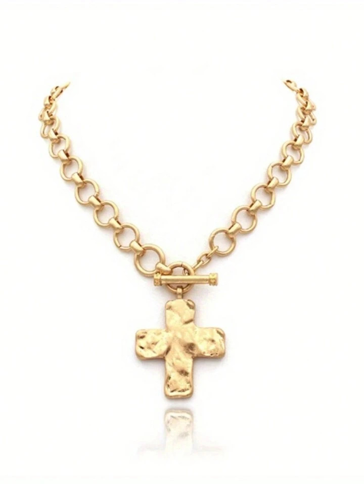 Trendy Hammered Bold Cross Necklace Thick Chain Set For Women Men Chunky Golden Silvery Statement... | SHEIN