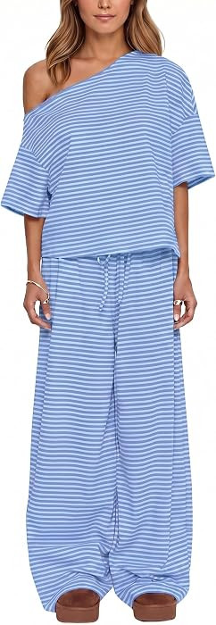 Ythomm Striped Pajama Sets Womens Two Piece Lounge Outfits Short Sleeve Off Shoulder Shirts Draws... | Amazon (US)