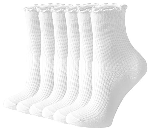 ACCFOD White Ruffle Socks for Women, Cute Frilly Ankle Socks Quarter Crew Socks for Women Girl - White 6 Pair | Amazon (US)