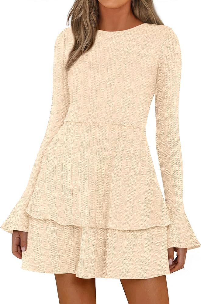 PRETTYGARDEN Womens Fall Fashion 2025 Long Bell Sleeve Mini Sweater Dress Casual Crewneck A Line ... | Amazon (US)