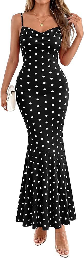 PRETTYGARDEN Womens Summer Dresses 2026 Polka Dot Spaghetti Strap Cowl Neck Bodycon Wedding Cockt... | Amazon (US)