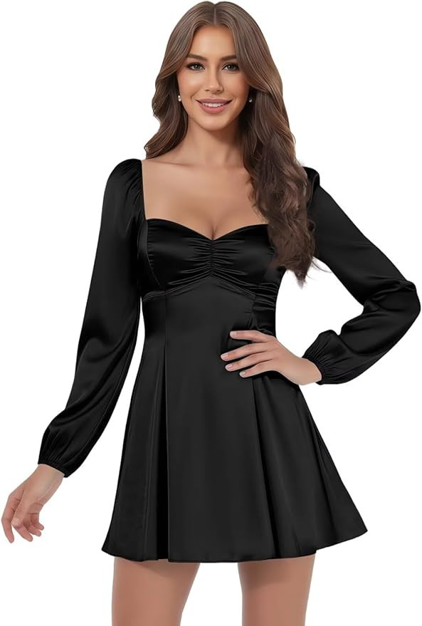 Satin Long Sleeve Homecoming Dress Square Neck Short Cocktail Dresses for Women | Amazon (US)
