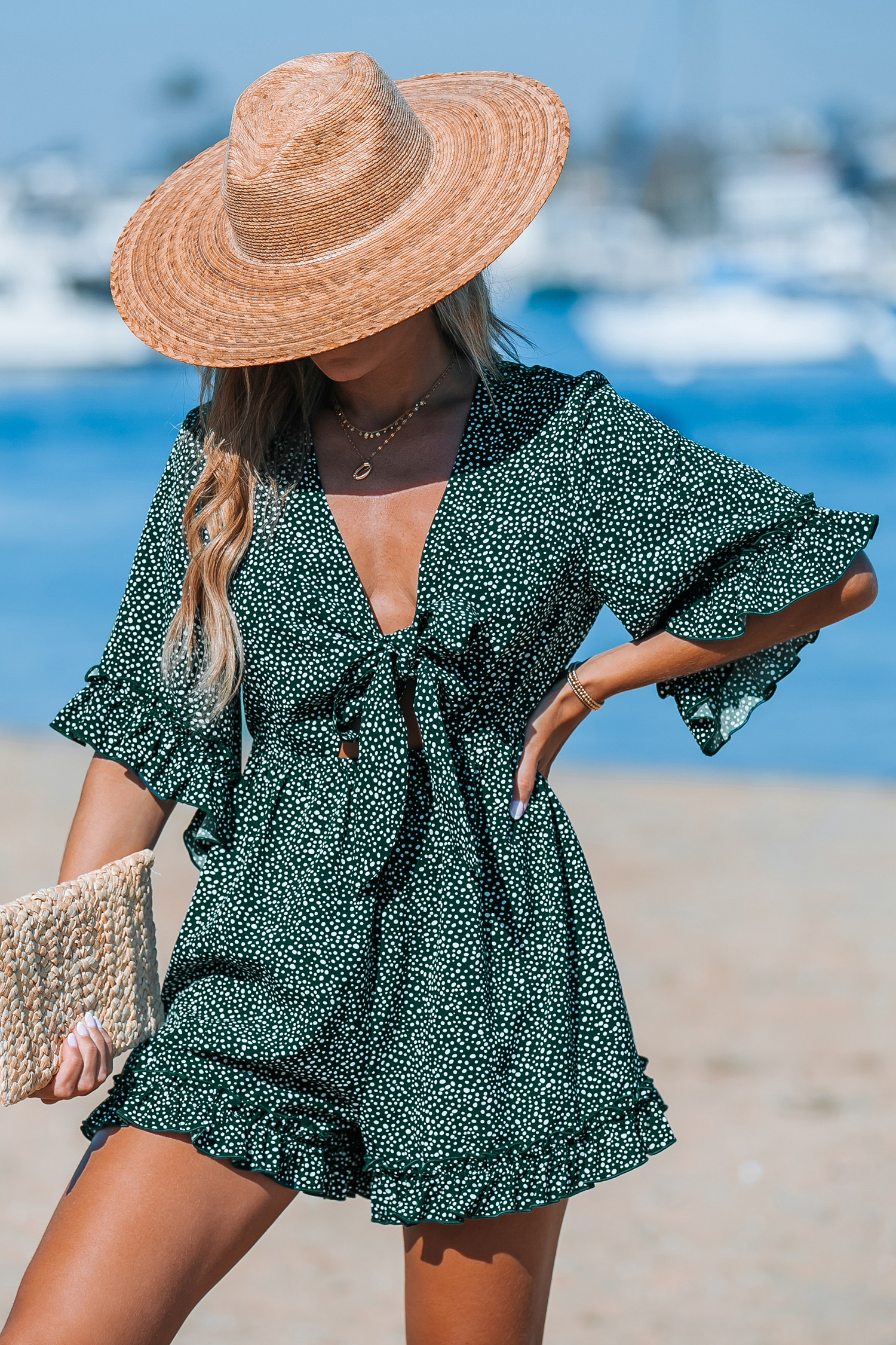 NewGreen-and-White Polka Dot Front Tie Cutout Romper | Cupshe US