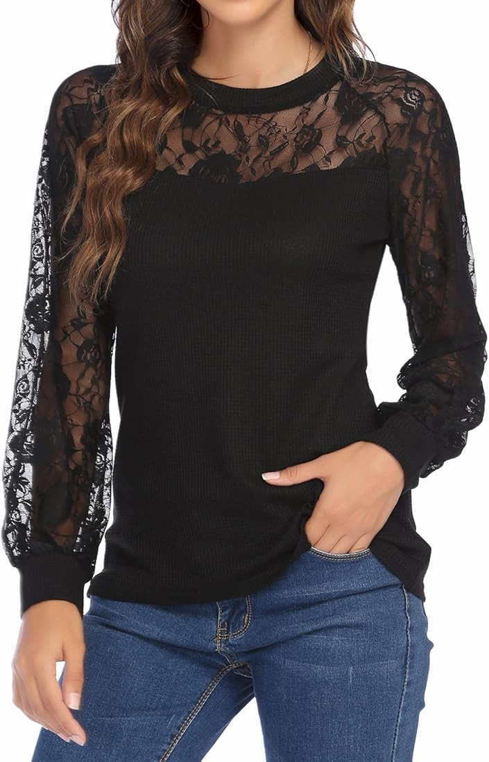 Leaduty Lace Tops for Women Lantern Long Sleeve Shirts Round Neck Dressy Elegant Waffle Blouses | Amazon (US)