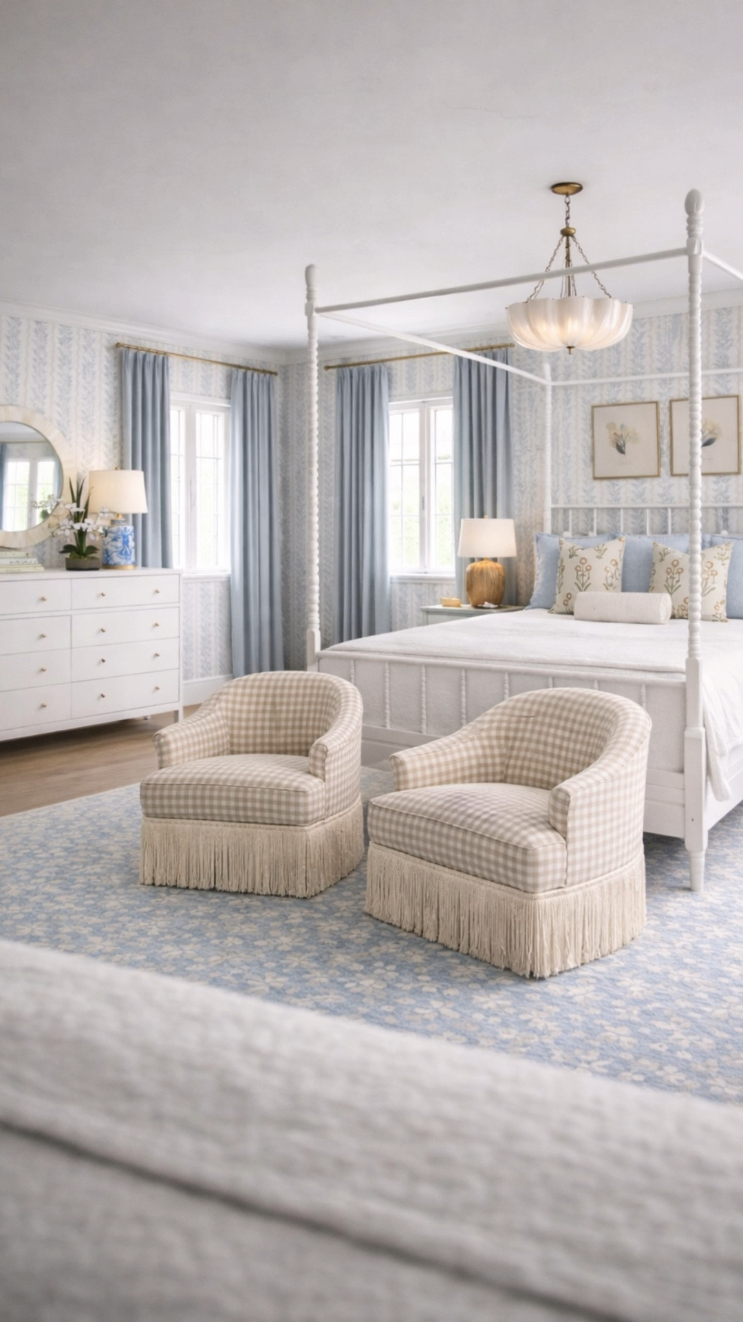 A blue and white primary bedroom design 🩵🤍

#LTKdayinmylife #LTKHome #LTKSaleAlert