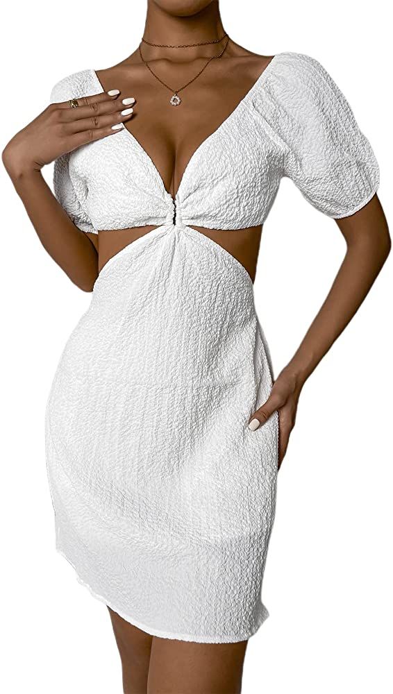 Verdusa Women's Cut Out Side Deep V Neck Short Sleeve A Line Short Dress | Amazon (US)