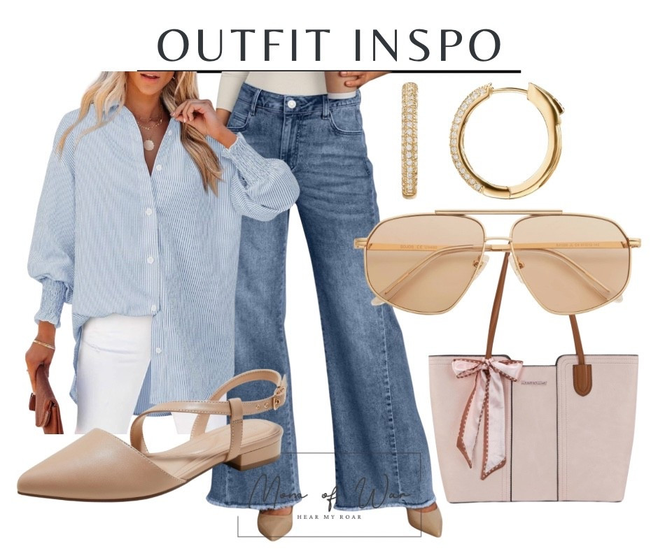 ☕ OUTFIT INSPO: Chic & Easy ☕
This look screams elevated casual — perfect for errands, lunch dates, or pretending you’re headed to a meeting at a Parisian café 😎
✨ Striped oversized button-down
✨ Classic wide-leg denim
✨ Neutral flats + gold details
✨ That pink bow bag though 😍

💬 Would you wear this with your hair up or down?
