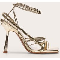 Gold Pu Square Toe Asymmetric Strappy Lace Up High Heel Sandals | PrettyLittleThing IE