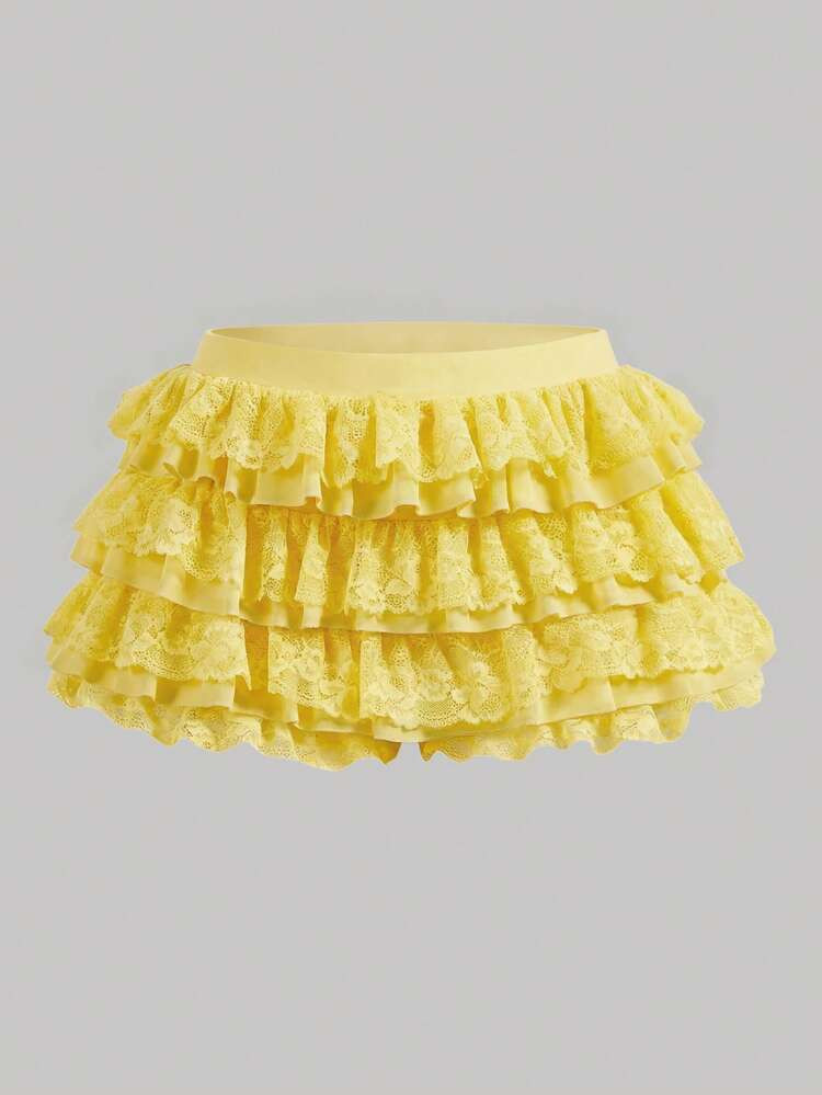Qadelle Women's Casual Yellow Knitted Tiered Layer Mini Track Shorts For A Stylish And Comfortabl... | SHEIN