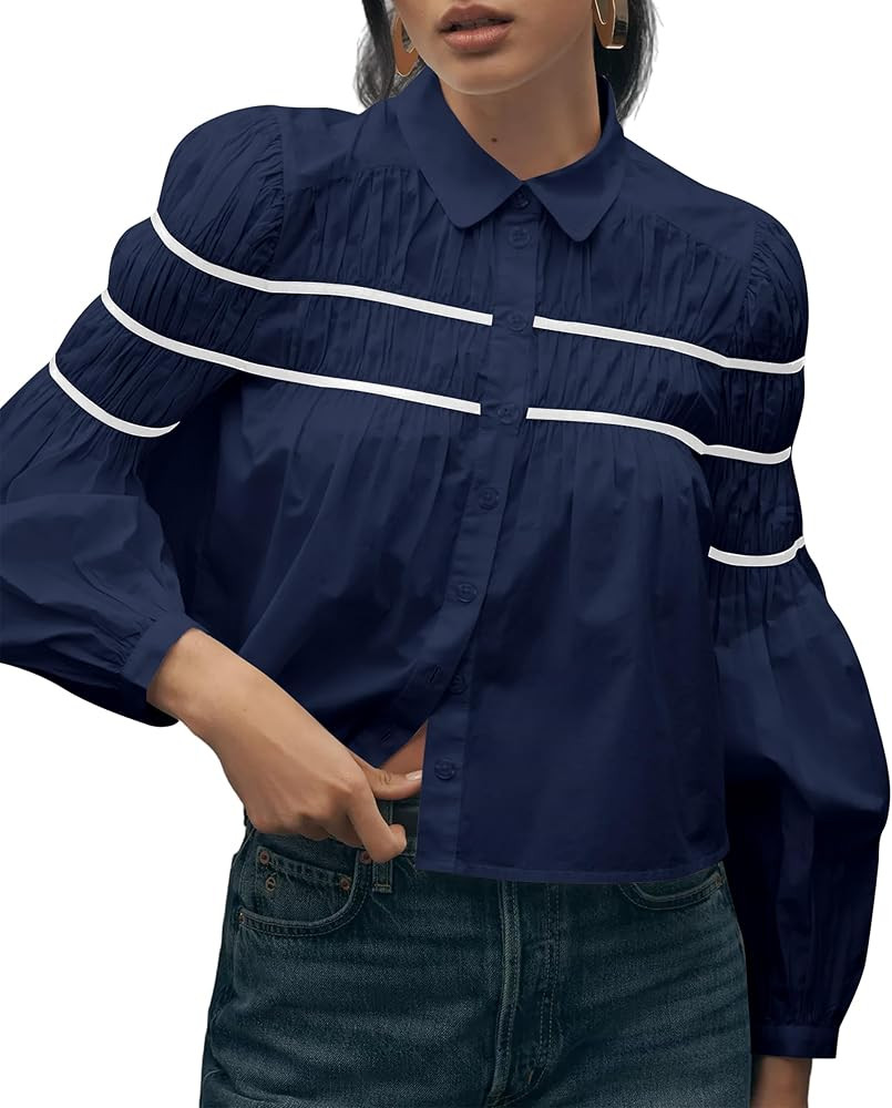 Women Button Front Shirred Blouse Peter Pan Collar Contrast Balloon Long Sleeve Shirt Top | Amazon (US)