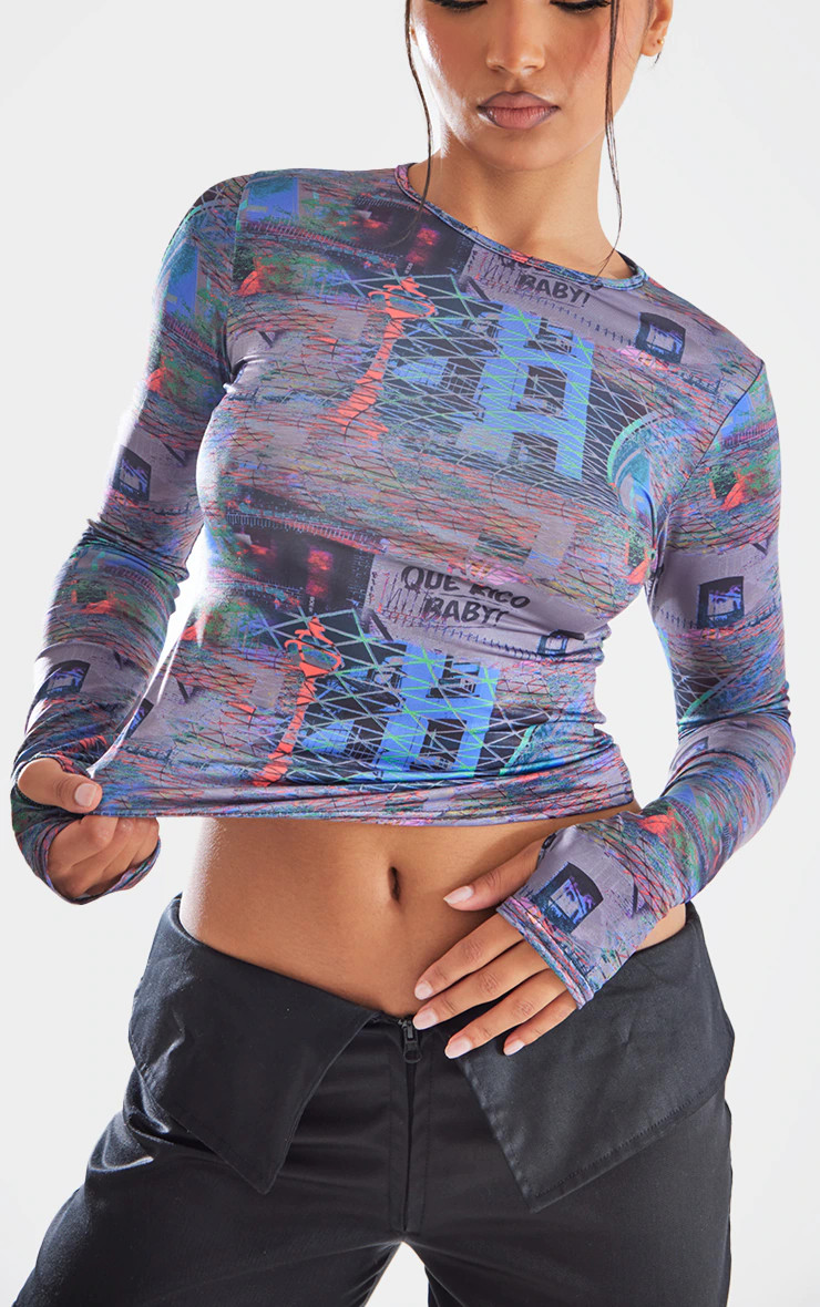 Blue Abstract Printed Soft Touch Long Sleeve Top | PrettyLittleThing US