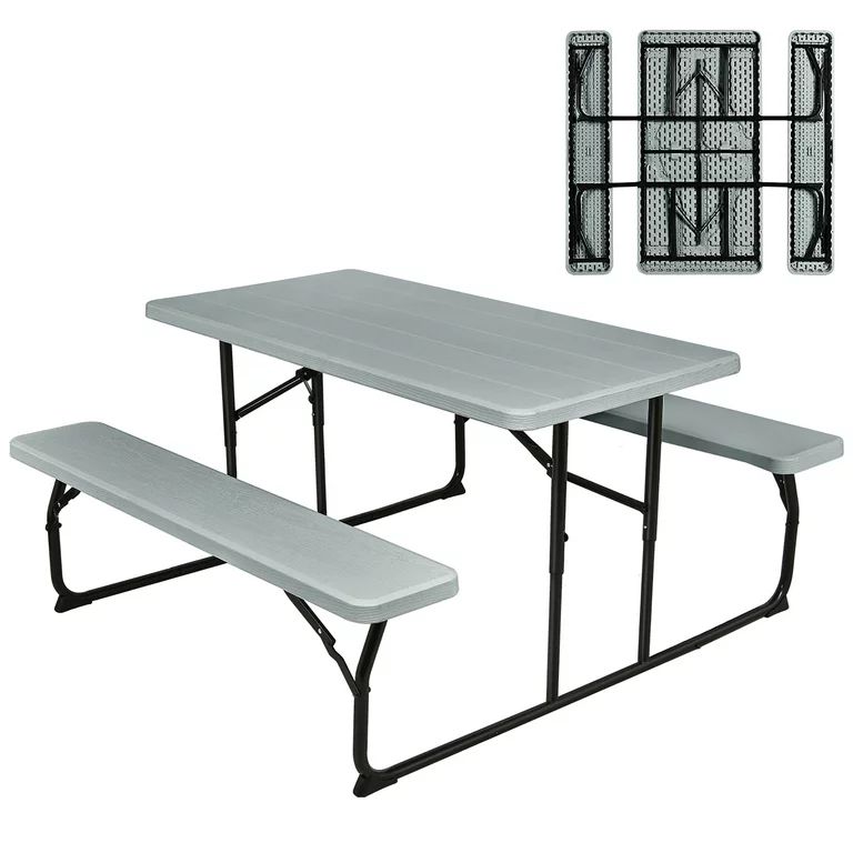 Costway Indoor & Outdoor Folding Picnic Table Bench Set w/ Wood-like Texture Grey - Walmart.com | Walmart (US)
