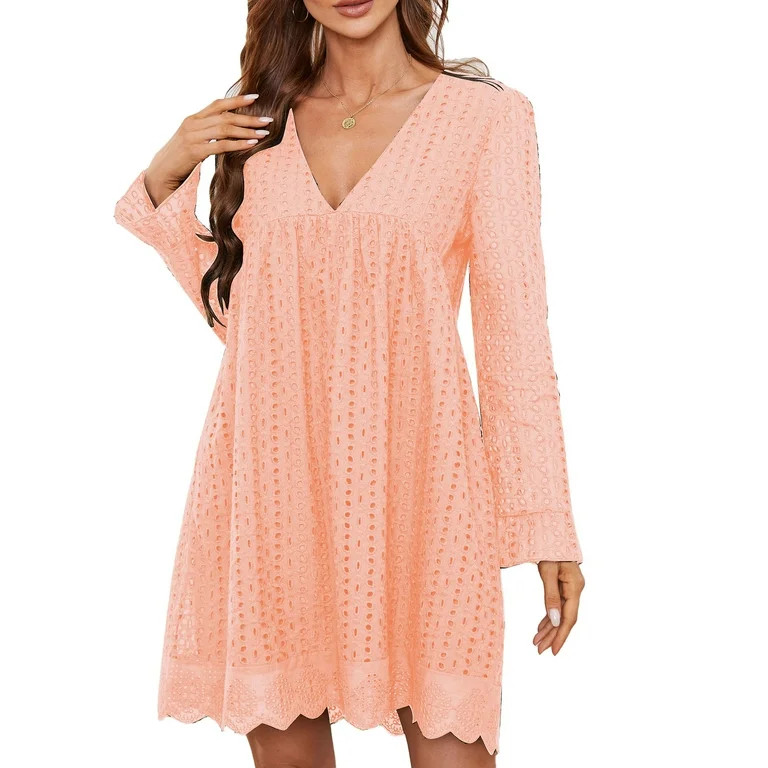 Women Dress One Piece Lace V Neck Long Sleeve Pure Colour with Pockets for Home Office Pink S | Walmart (US)