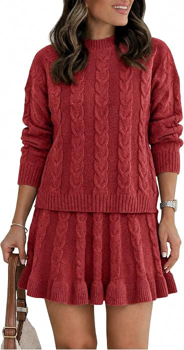 Tankaneo Womens 2 Piece Sweater Skirts Set Chunky Cable Knit Ruffle Skirt | Amazon (US)