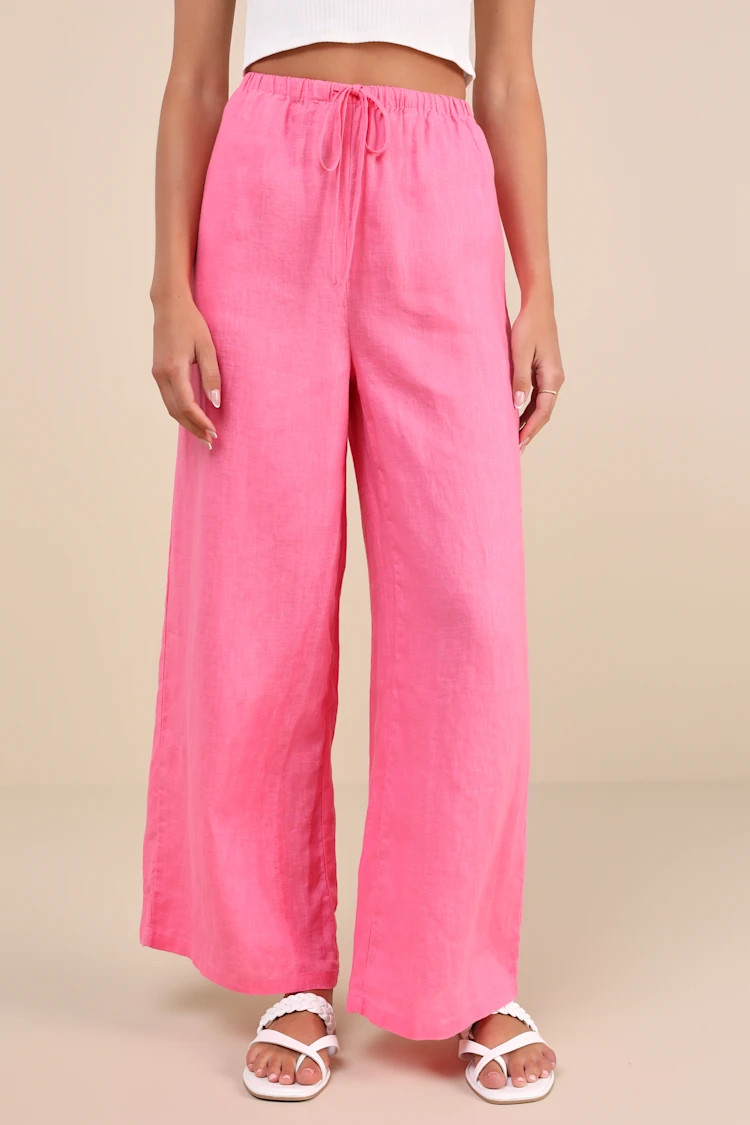 Emma Hot Pink Linen Wide-Leg Drawstring Pants | Lulus
